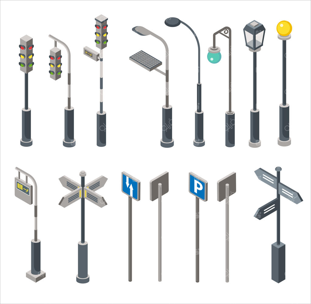 مجموعه تابلوها و چراغ‌های خیابانی ایزومتریک شهر با کیفیت بالا