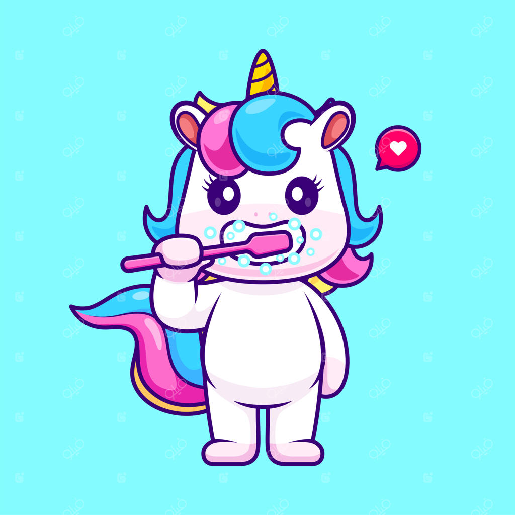 آیکون بامزه کارتونی تک‌شاخ مسواک زن - مفهوم آیکون سلامت حیوانات