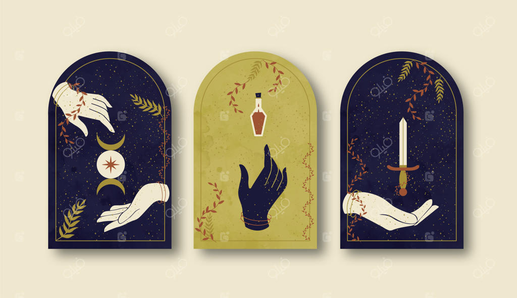 کارت‌های آرکاناهای جادویی و اسرارآمیز تاروت - طراحی دستی وکتور