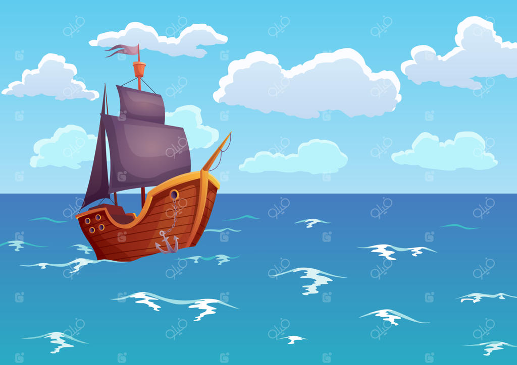 کشتی چوبی دزدان دریایی در اقیانوس؛ تبلیغ منظره گرمسیری دریا با کشتی بادبانی قدیمی.