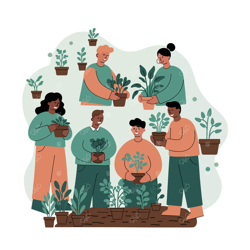 تصویری از گروهی متنوع که در حال کاشت و مراقبت از گیاهان در باغچه اجتماعی هستند؛ با رنگ‌های طبیعی و مفهوم همکاری تیمی