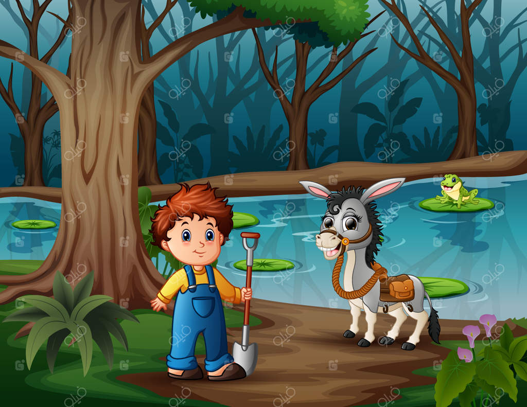 تصویر جوان کشاورز و الاغ در کنار رودخانه