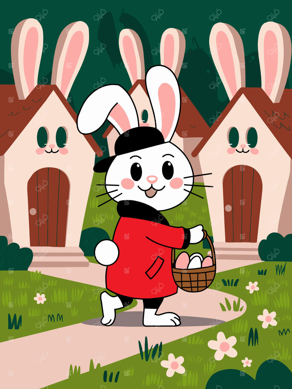 خرگوش بامزه در باغ با تخم‌مرغ‌های عید پاک