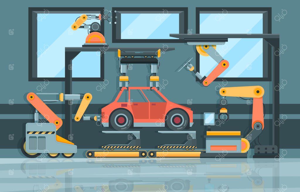 صنعت هوشمند: پس‌زمینه کارتونی کارخانه تولید با سیستم‌های رباتیک و مکانیزه