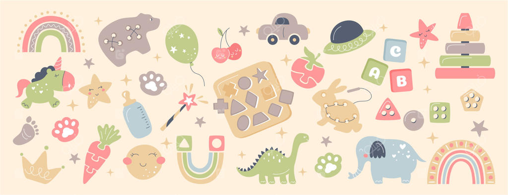 اتاق نوزاد به سبک بوهو با اسباب‌بازی‌های چوبی مونته‌سوری، خورشید و رنگین‌کمان بامزه، پازل، مکعب‌های الفبا و حیوانات به سبک اسکاندیناوی؛ ست لوازم نوزاد و دکوراسیون بوهیمیایی مناسب برای چیدمان اتاق خواب یا جشن سیسمونی