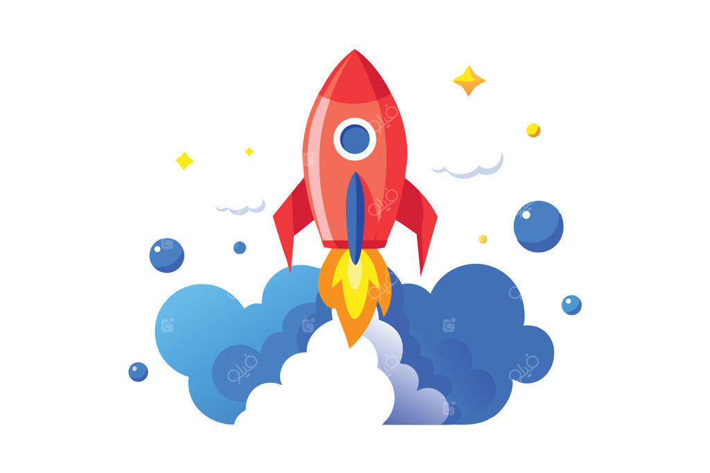 پرتاب موشک قرمز با شعله‌های آتش در میان ابرهای آبی و اشکال شناور