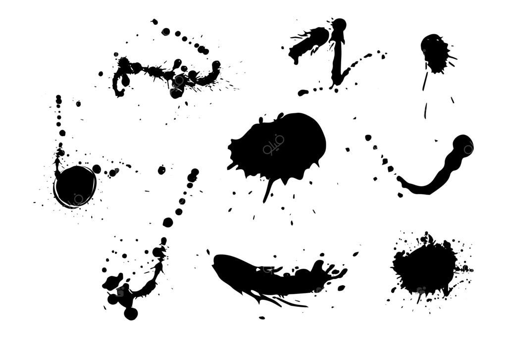 شکل لکه جوهر، مجموعه خلاقانه پاشش قلمو و لکه‌های انتزاعی. قاب، عنصر طراحی، چاپ. تصویر وکتور