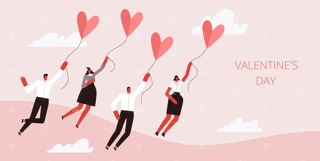 گروهی از افراد در بالون‌های قلبی در آسمان صورتی پرواز می‌کنند. بر زمینه‌ای سفید.