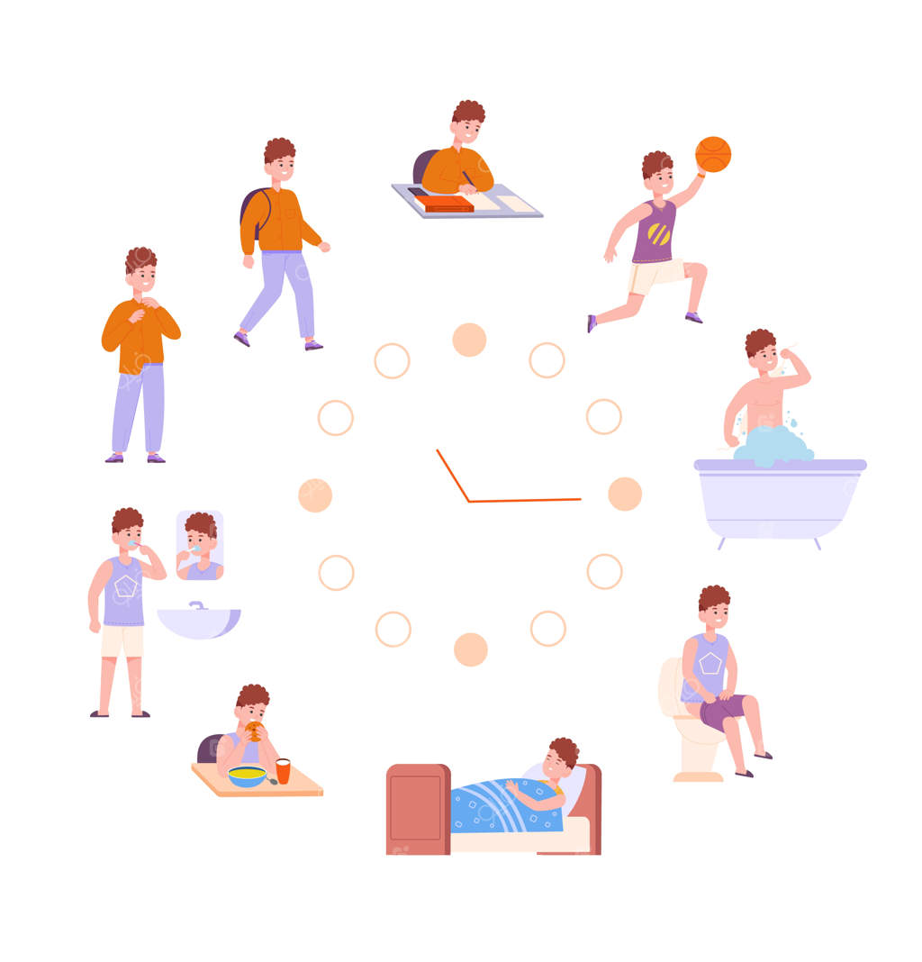 زمانبندی روزانه کودکان: روتین فعالیت‌ها، نوزاد در حال صبحانه خوردن، بهداشت و ورزش کودکی فعال در مدرسه - تصویرسازی کارتونی و جذاب.