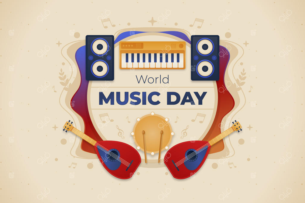 پس‌زمینه روز جهانی موسیقی با طرح گرادیان و تصویر طبل‌ها