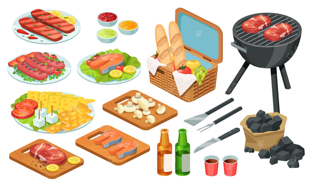 مجموعه تصویرسازی ایزومتریک غذاهای باربیکیو و گوشت کبابی، استیک گوشت و ماهی برای پیک‌نیک، آیکون‌های سه بعدی ایزوله روی پس‌زمینه سفید