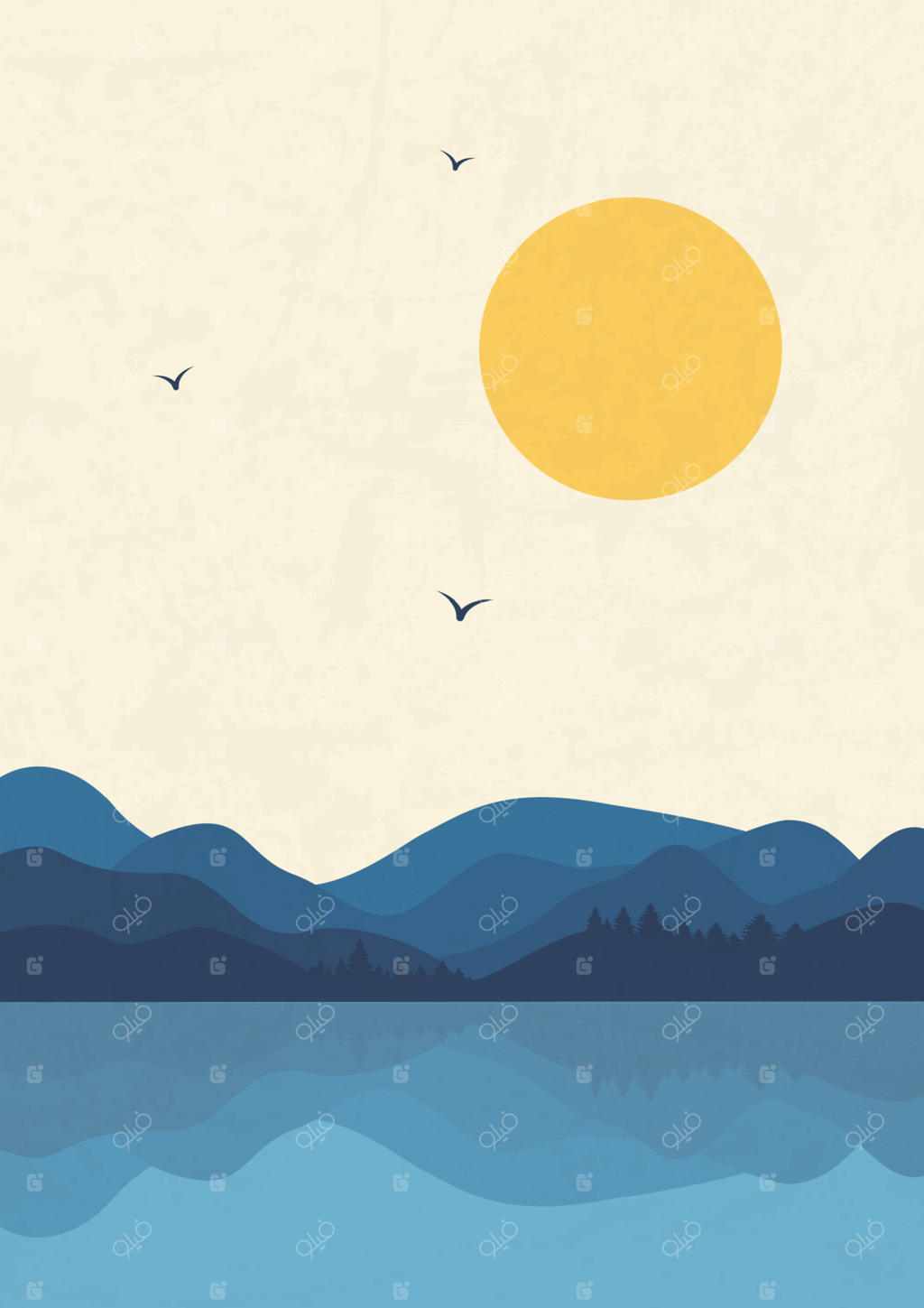 تصویرسازی پوستر منظره کوه و آب، طرح تپه‌ها و دریاچه، دکور دیواری بوهو، چاپ هنری مینیمال مدرن نیمه قرن