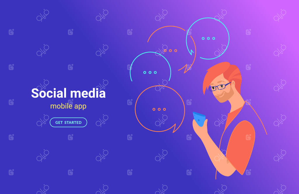 مفهوم استفاده نوجوان از اپلیکیشن موبایل - تصویرسازی وکتور. نوجوان با گوشی هوشمند در حال ارسال پیام متنی و پیام‌های فوری در شبکه‌های اجتماعی. پسر خندان در پس‌زمینه گرادیانی.