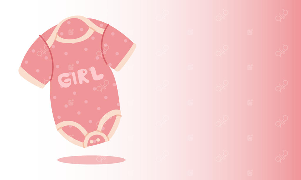 بنر صورتی با لباس بچه‌گانه آستین‌کوتاه روی گرادیانت. کلمه "دختر" روی لباس چاپ شده، نماد برگزاری جشن تعیین جنسیت. تصویرسازی رنگارنگ. بیایید جنسیت نوزاد را کشف کنیم. افقی