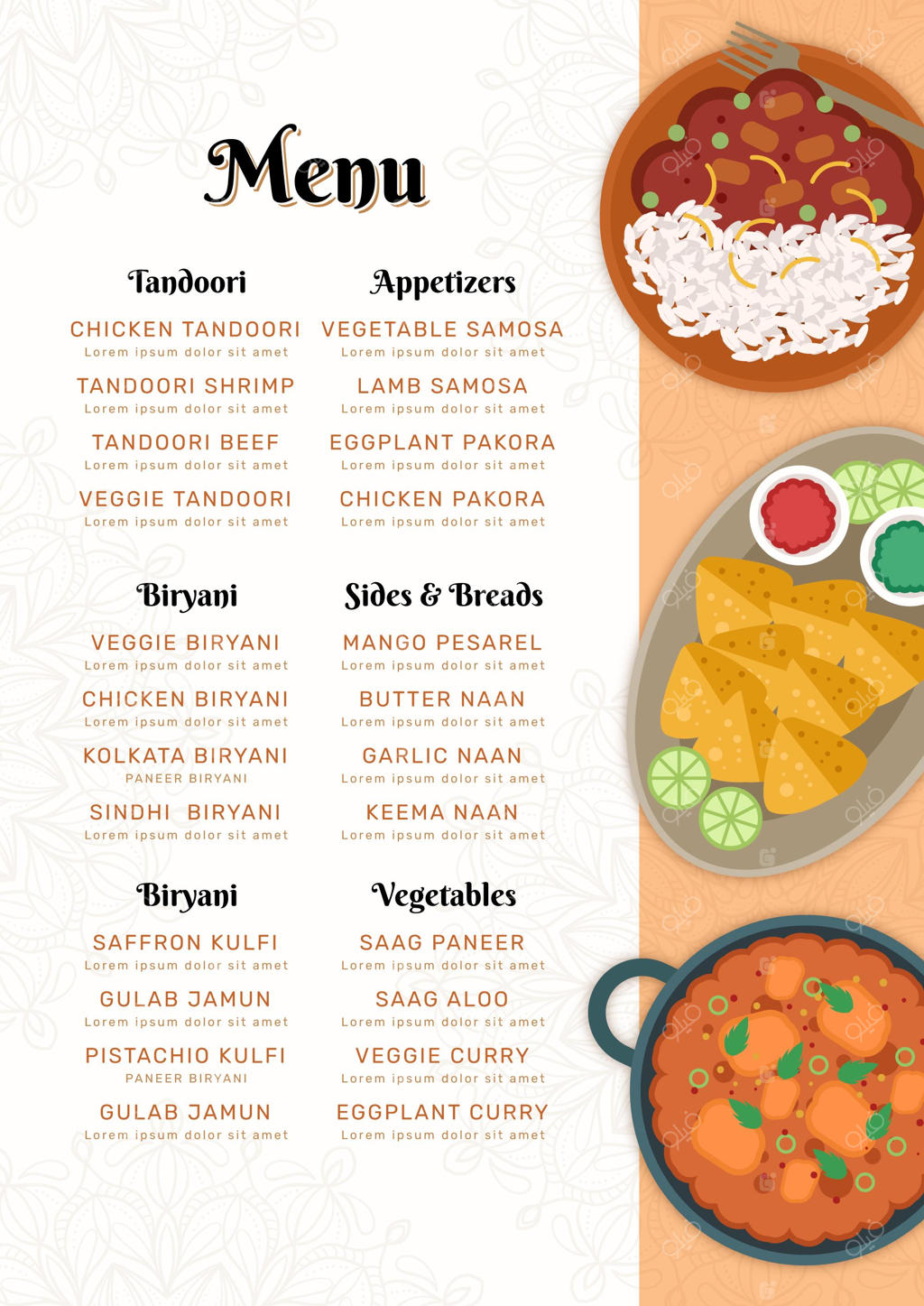 منوی تخت رستوران هندی شرقی