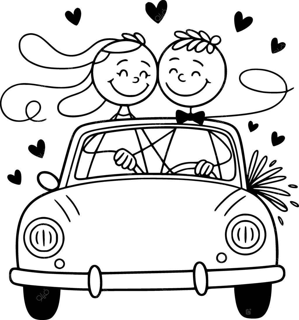 ماشین تازه عروس با قلب‌ها و گل‌های عاشقانه