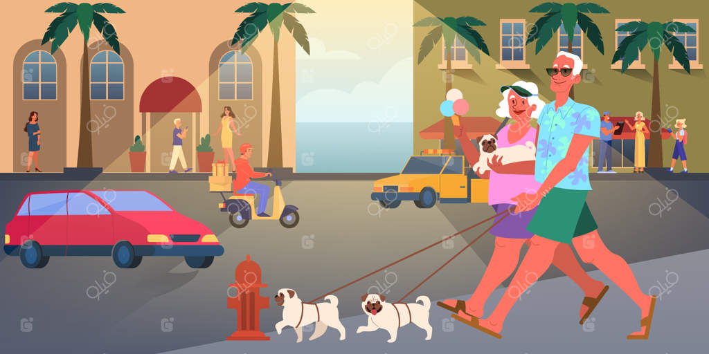 سفر زوج سالخورده. زن و مرد بازنشسته. پیاده‌روی شاد پدربزرگ و مادربزرگ با سگشان. تصویرسازی