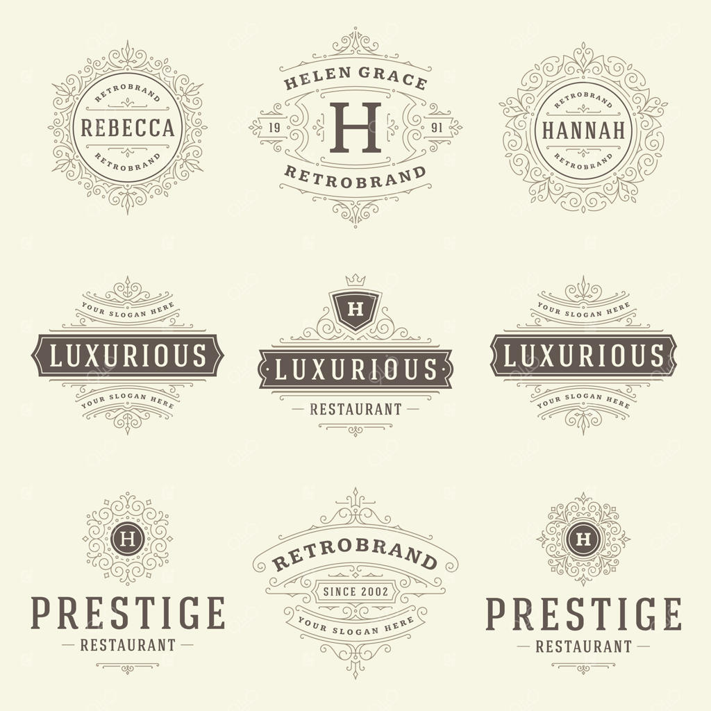 مجموعه قالب‌های لوگوی وینتیج با تزئینات ظریف و قاب‌های خوشنویسی فاخر