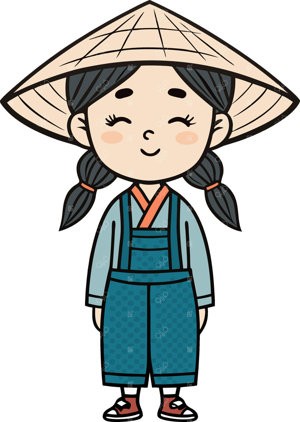 کاراکتر دختر آسیایی خندان با کلاه و لباس سنتی برای کتاب‌های رنگ‌آمیزی و تصویرسازی