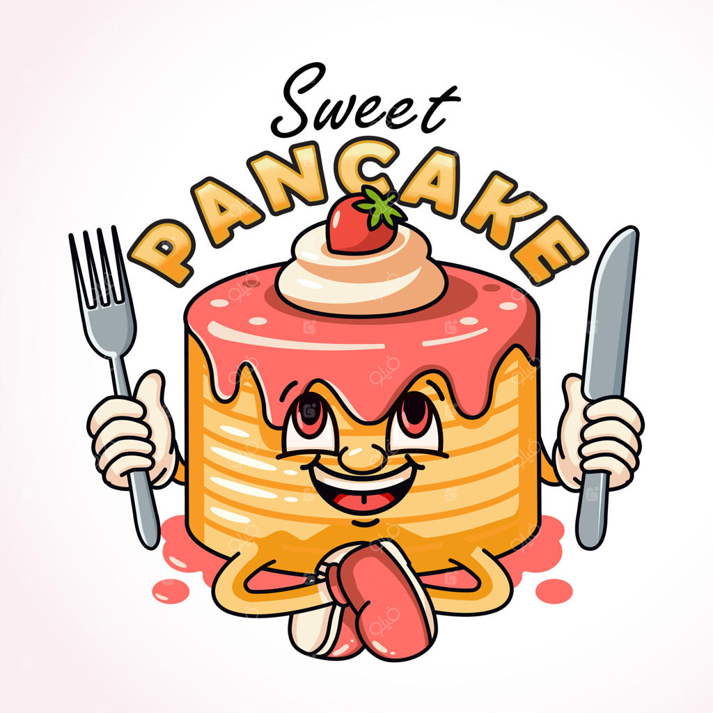 شخصیت شیرین پنکیک با چنگال و چاقو - مناسب برای لوگوها، نمادها، تیشرت‌ها، برچسب‌ها و پوسترها