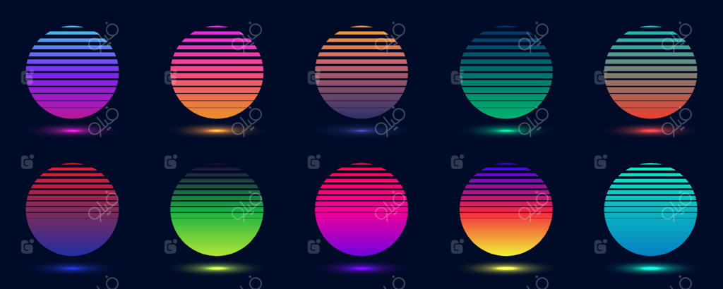مجموعه ای از مدال های دایره ای رنگارنگ با گرادیانت بلند در پس زمینه تیره به سبک دهه ۷۰ و ۸۰