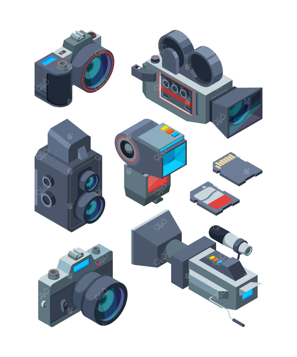 دوربین‌های ویدئو و عکس ایزومتریک: تصاویر برداری از تجهیزات متنوع استودیو ویدئو و عکس