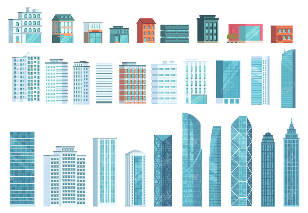 ساختمان‌های مدرن شهری: مجموعه‌ای از آسمان‌خراش‌های شهر، ساختمان‌های اداری و خانه‌های شهری.