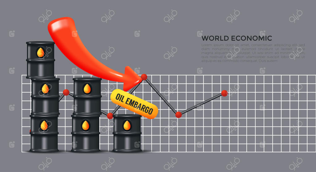 تحریم نفتی: مفهومی خلاقانه برای اقتصاد جهانی، صنعت نفت و اخبار تجاری - نمودار قیمت، سرمایه‌گذاری مالی، تبادل سهام و قیمت هر بشکه در طراحی واقع‌گرایانه 3D وکتور