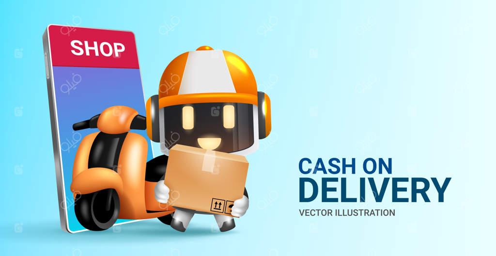 طراحی مفهومی خرید پرداخت در محل - متن پرداخت در محل با شخصیت ربات تحویل‌دهنده