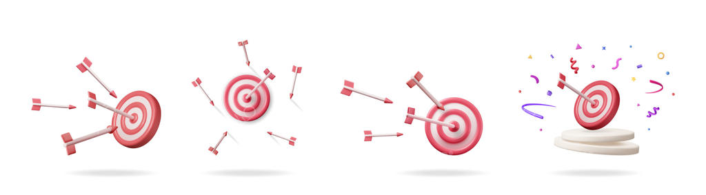 مجموعه سه‌بعدی با مفهوم هدف‌گیری موفق و ناموفق. تصویر زدن و نزدن به مرکز هدف برای موفقیت در کسب‌وکار.