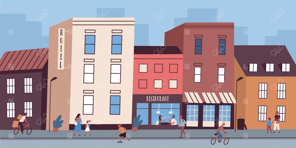 شهر رنگارنگ با ساختمان‌های رستوران و هتل. مردم در حال قدم زدن در خیابان‌های شهر. منطقه شهری با معماری تجاری و مسکونی. تصویرسازی وکتوری به سبک کارتونی.