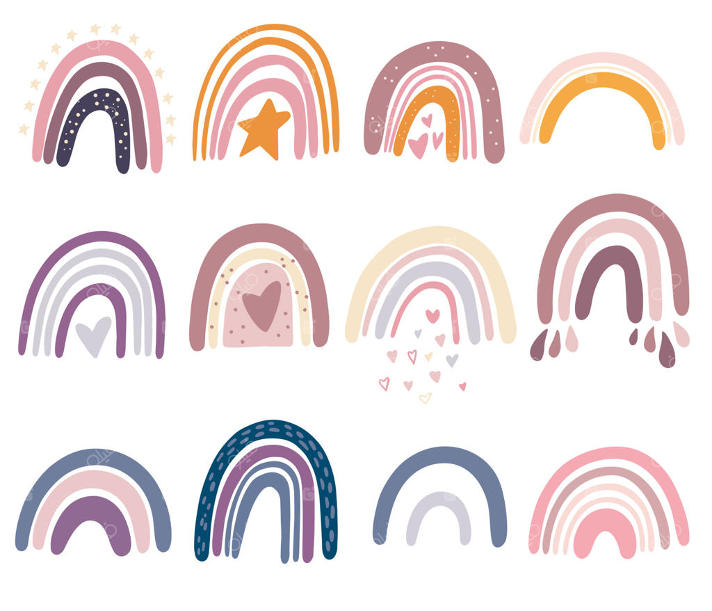 مجموعه رنگین کمان. دارای قلب‌ها، ابرها، باران و ستاره‌ها به سبک بوهو. کلیپ‌آرت برای اتاق کودک، کارت‌های تبریک، تی‌شرت‌ها و لباس‌های کودکان. تصویرسازی دستی و بومی.
