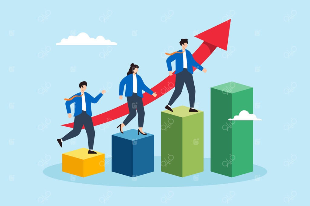 تصویر تخت از افراد کسب‌وکار که با همکاری از نمودار رشد و موفقیت صعود می‌کنند - پیشرفت شغلی و دستاورد مشترک.