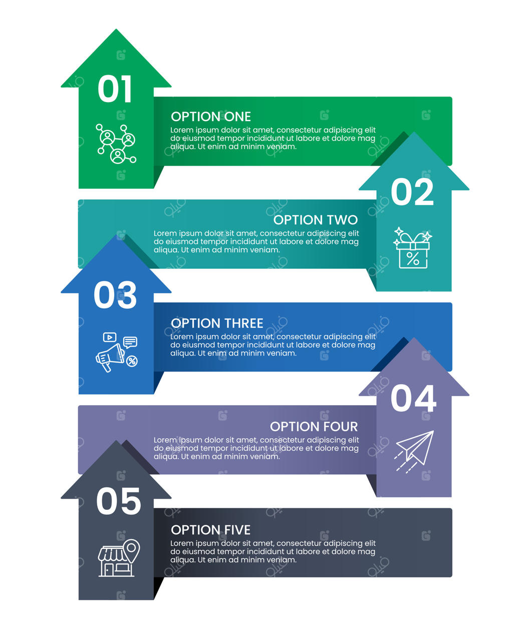 طراحی اینفوگرافی پیکان ۵ مرحله‌ای یا گزینه‌ای: ارائه، داده‌ها، گزارش و برنامه‌ریزی.