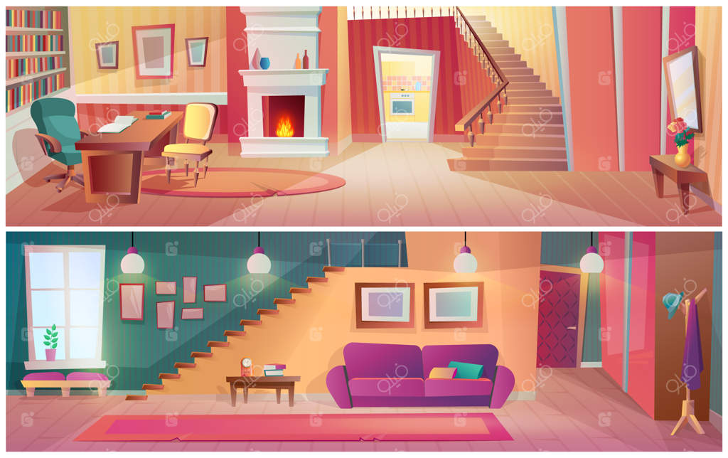 دکوراسیون داخلی اتاق نشیمن دنج و محل کار با کابینت. طراحی کف آپارتمان راحت با مبلمان، پله‌ها، شومینه و کاناپه. فضایی گرم و آرام برای کار و استراحت - تصویر وکتور کارتونی