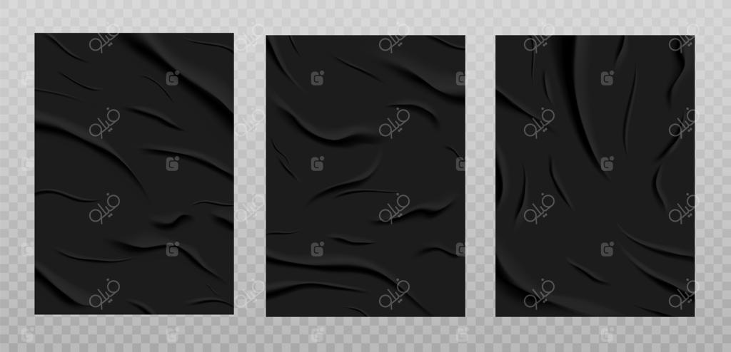 بافت کاغذ سیاه چسبناک، مجموعه‌ای از ورق‌های کاغذ مرطوب و چروکیده. پوسترهایی با چین‌وچروک‌های خط‌افتاده، روی زمینه شفاف. تصویرسازی. فرمت A4.