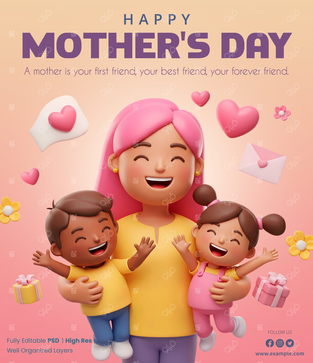 قالب کارت تبریک روز مادر با کاراکترهای کارتونی و سه بعدی مادر در حال در آغوش گرفتن فرزندان در میان گل‌ها و قلب‌ها