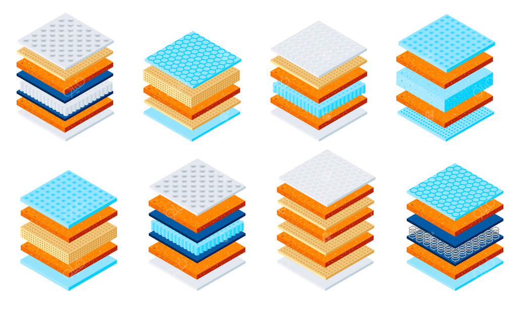 مجموعه بزرگ از تشک‌های ارتوپدی برای خواب سالم با لایه‌های متعدد و آیکون‌های رنگارنگ - تصویر وکتور با پس‌زمینه خالی