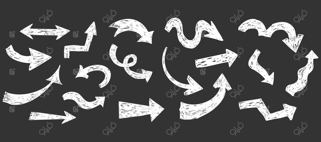 مجموعه‌ای از طرح‌های گچ رنگی فلش‌های ضخیم سفید بر روی تخته‌سیاه. اشکال ساده و منحنی در جهت‌های مختلف. طراحی با مداد، ماژیک و پاستل.