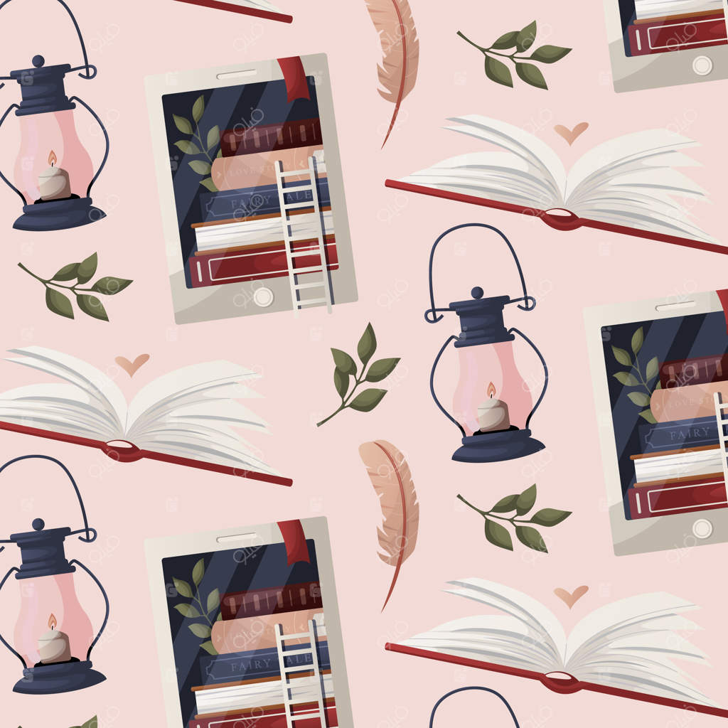 پترن بدون نقص با کتاب بزرگ باز و قلب، کتابخوان الکترونیکی، چراغ و جوهردان