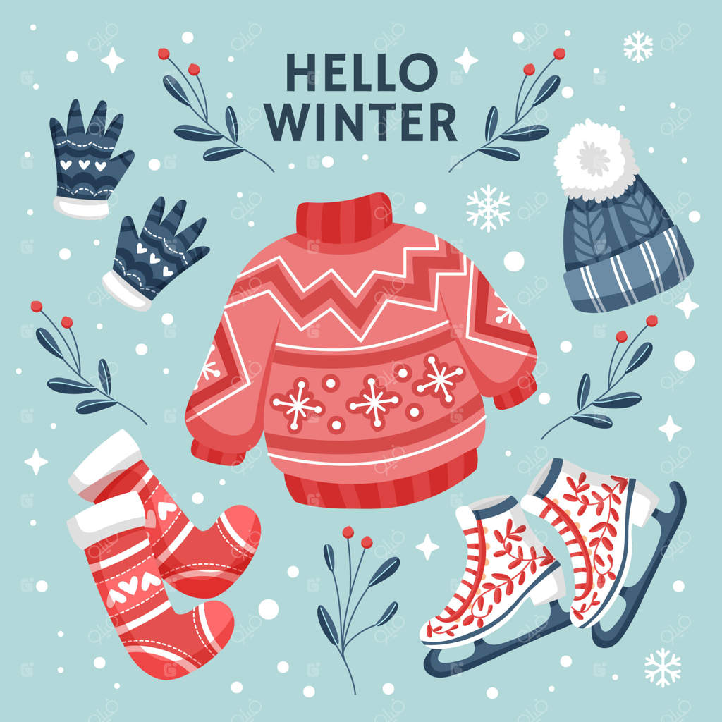 مجموعه‌ای از لباس‌ها و ملزومات زمستانی با طراحی دستی