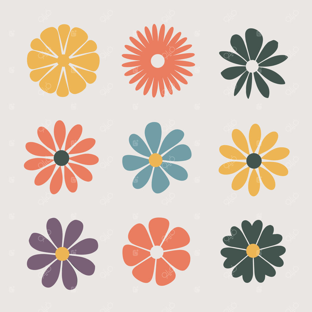 تصویرسازی الگوی رنگارنگ نُه گل با گلبرگ‌های متنوع در پس‌زمینه سفید