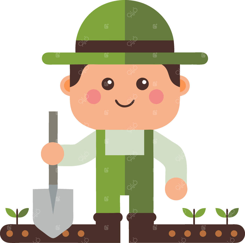 باغبان کارتونی بامزه با بیلچه و نهال‌های جوان - وکتور حرفه‌ای