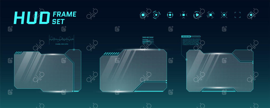 مجموعه قاب‌های افقی رابط کاربری دیجیتال آینده‌نگر برای منوهای بازی علمی تخیلی و تکنولوژی پیشرفته