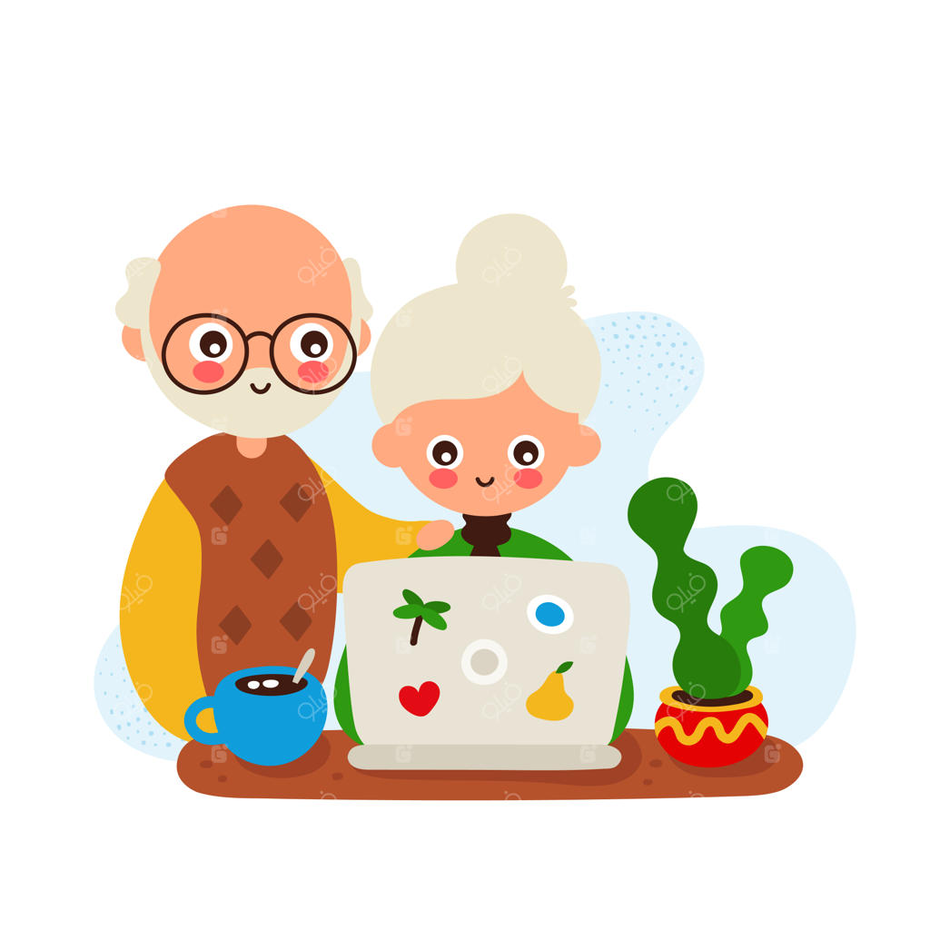 زن و مرد سالمند خوشحال با لبخند و لپ‌تاپ