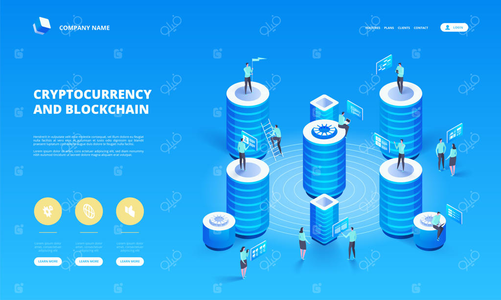 ترکیب ایزومتریک ارز دیجیتال و بلاکچین با حضور افراد، تحلیل‌گران و مدیرانی که روی پروژه‌های استارتاپی رمزنگاری کار می‌کنند - تصویرسازی ایزومتریک.