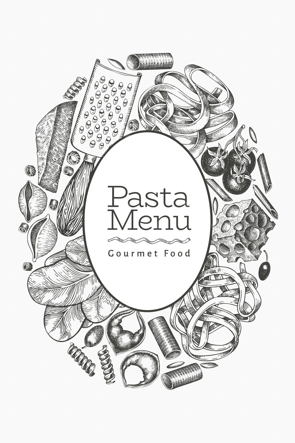 قالب ماکارونی ایتالیایی با افزودنی‌ها. تصویرگری غذا به سبک دستی و حکاکی شده.