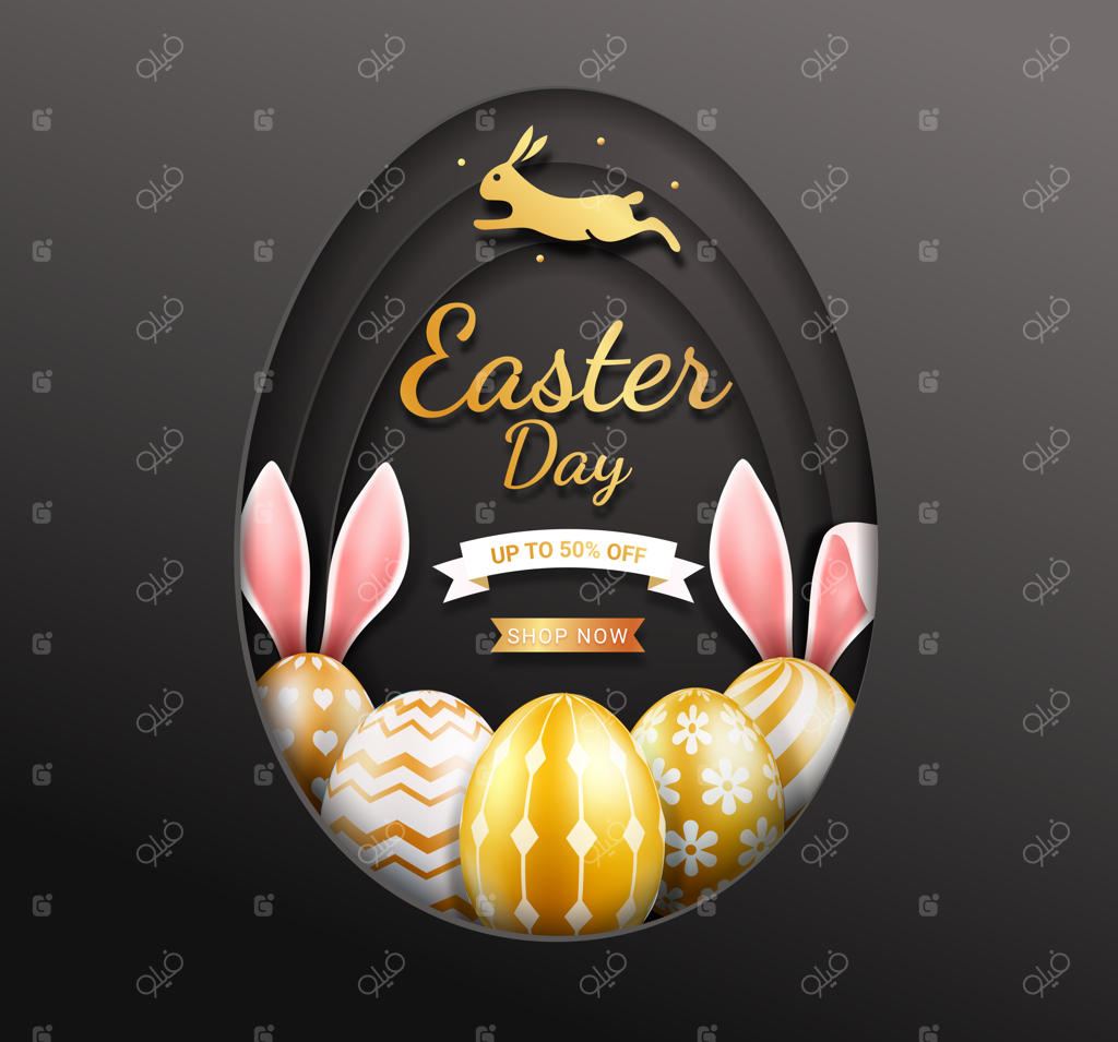 کارت روز عید پاک با تخم‌مرغ‌های طلایی و رنگی.