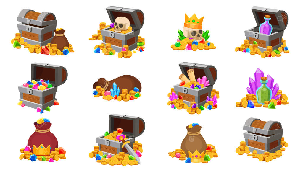 صندوق گنج: سکه‌های دزدان دریایی کارتونی با جمجمه، الماس، نقشه و معجون‌ها. طلای گنج بازی فانتزی در صندوق‌ها و کیسه‌های چوبی، مجموعه‌ای از وکتورها