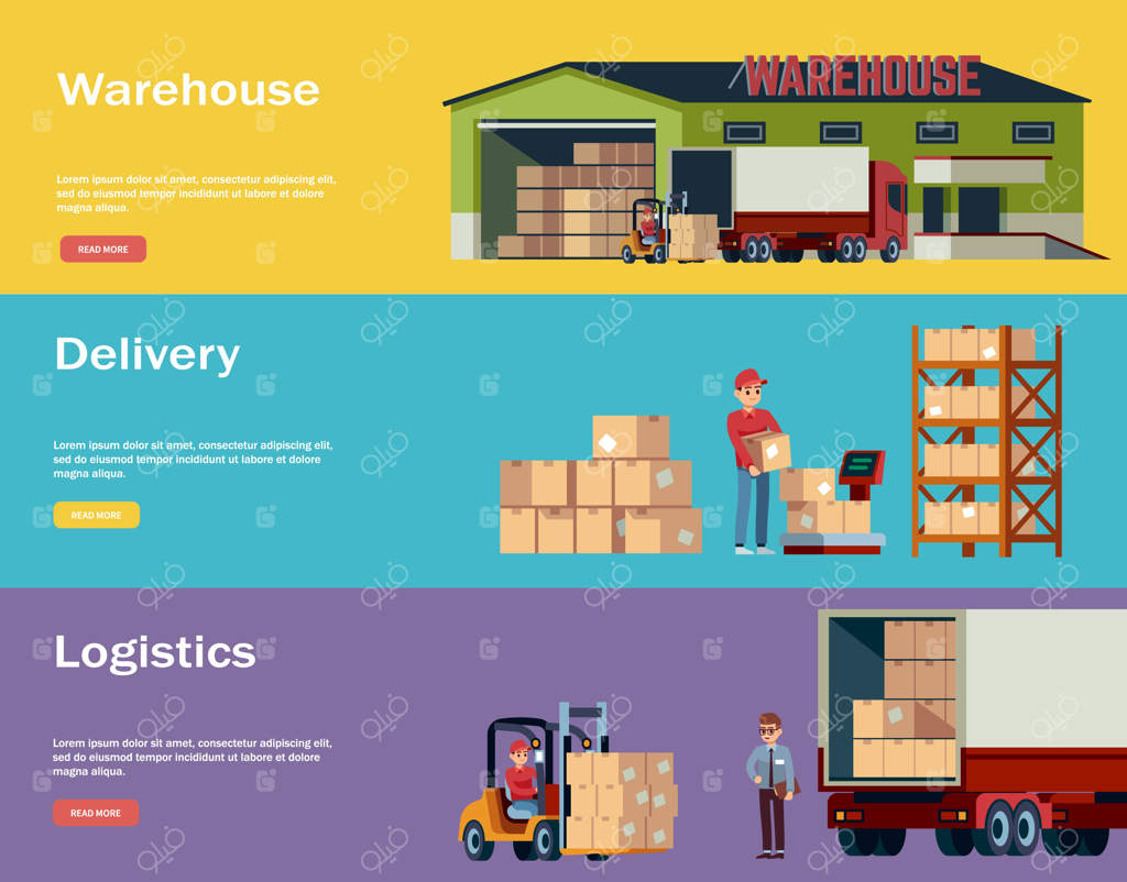 بنرهای افقی انبار لجستیک: حمل‌ونقل و تجهیزات لیفتراک، تحویل با کامیون باربر و جعبه‌ها، شخصیت‌های کارتونی وکتور تخت مجزا